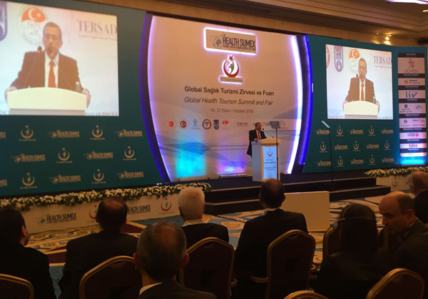 Fawzi Hammouri, president of the Private Hospitals Association, speaks at the Global Health Tourism Summit and Fair in Ankara last week (Photo courtesy of PHA)